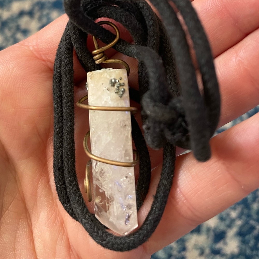 Danburite Crystal with Pyrite Inclusion in wire wrap on canvas cord - Picture 2 of 3